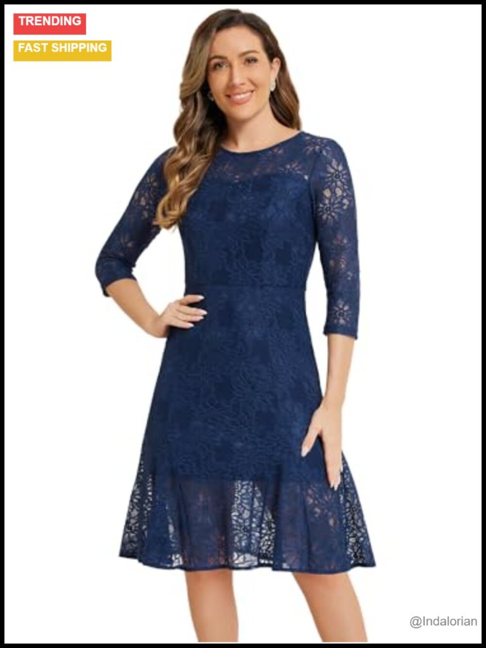 Women's Elegant Lace Fishtail Cocktail Dress with Floral Embroidery and 3/4